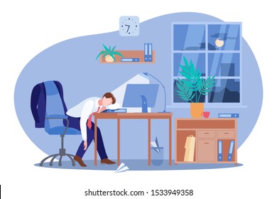 Tired freelancer or business man sleeping at the computer desk in dark office. Vector flat cartoon illustration. Workaholic, work stress and fatigue concept.