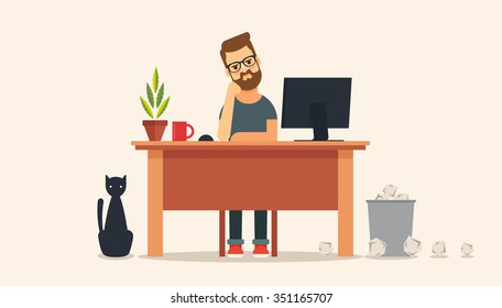 Tired Freelancer Sitting at the Table and Looking for Inspiration. Flat Vector Illustration