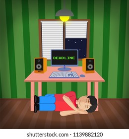 Tired freelancer sleeps while deadline is running out.
