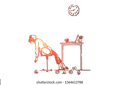 Tired, freelancer, woman, overwork, deadline concept. Hand drawn tired woman works at night concept sketch. Isolated vector illustration.