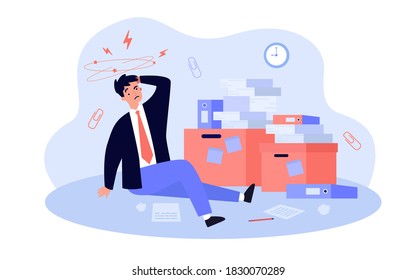 Tired frustrated office man working among piles of papers, stacks of documents and folders, suffering from headache. Flat vector illustration for bureaucracy, paperwork, overwork concept