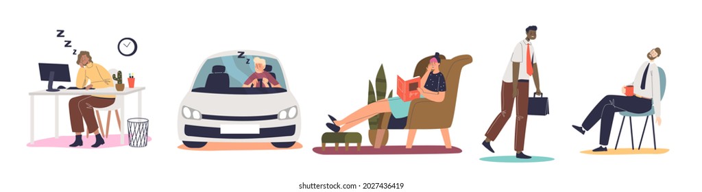 Tired frustrated people suffer professional burnout, sleep at workplace, driving car or reading book at home. Set of overworked stressed cartoon characters. Flat vector illustration