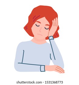 Tired, frustrated woman character has no energy. Sad, calm, sleepy girl with mental health problem, headache and depression. Female office worker. Concept vector illustration in cartoon flat style.