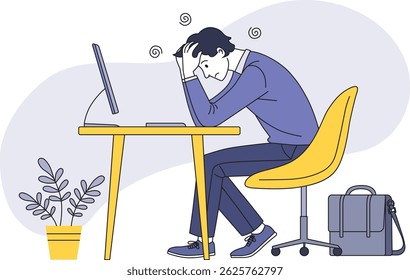 Homem de trabalho cansado frustrado na frente do seu computador à sua mesa. Tontura esmagadora no escritório. Ilustração de vetor plano colorido do empregado da fadiga com cefaleia isolada no fundo branco.