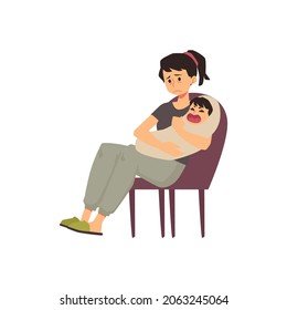 Tired frustrated young mother in need of help with baby in arms, flat vector illustration isolated on white background. Problems of motherhood and upbringing of children.