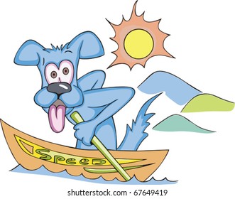 Tired funny dog showing his tongue, sitting in a boat with inscription SPEED and rowing oars. Vector EPS Illustration of a dog in cartoon style.