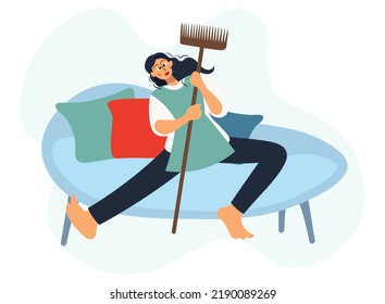 Tired funny woman on the sofa with a mop. Vector flat design of an exhausted girl with bulging eyes and outstretched legs. Female character resting. Home routine, overexertion, overwork at work.