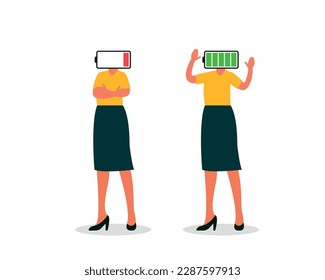 Tired girl and active girl with a discharged battery and a charged battery on her head. A set of women are in a state of emotional burnout or mental disorder abo with a discharged battery. The concept
