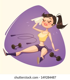 Tired girl after fitness. Vector illustration.