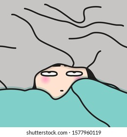 Tired Girl In Bed Covering Head And Body With Blue And Grey Blanket Concept Card Character illustration