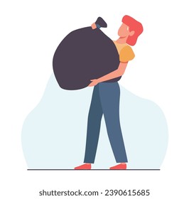 Tired girl with big sack suffers from very heavy weight. Difficult task, emotional pressure. Burnout female character. Hard burden, difficulties and problems. Cartoon flat vector concept