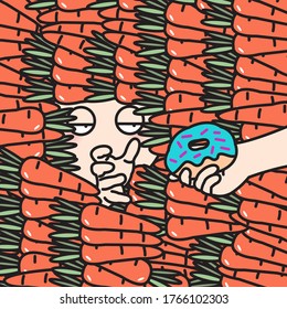 A Tired Girl Buried In A Pile Of Carrots Trying To Grab A Sugary Donut From Someone’s Hands Concept Card Character illustration
