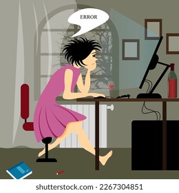Tired girl at the computer at the flat. Difficulties with the report.