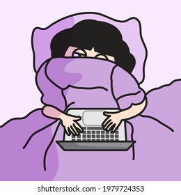 Tired Girl Covering Face With Blanket While Working On Laptop In Bed Concept Card Character illustration