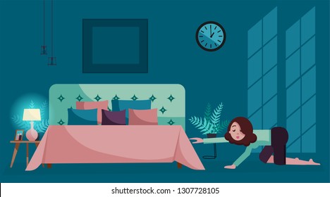 tired girl crawls to bed at night. Evening bedroom interior in deep blue tones with moonlight on wall.Young woman goes to sleep very late.Sleeping zombie creeps.Flat cartoon style vector illustration.