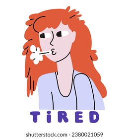 A tired girl with disheveled hair exhales. Flat vector illustration in violet and orange colours isolated on white background
