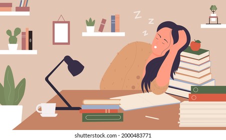 Tired girl, exhausted of study vector illustration. Cartoon young woman sleeping next to books, sleepy girl student character sitting at table, studying hard before exam at home interior background