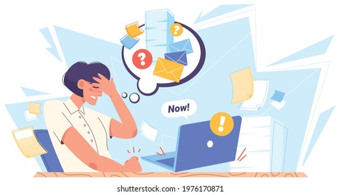 Tired girl feel headache, overworked, tension. Sad woman at table hold on head and answers letters, messages. A lot of urgent work, tiredness, office routine. Stress at work concept flat illustration.