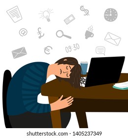 Tired girl fell asleep at the office table vector concept. Illustration of woman tired, girl overworked in office