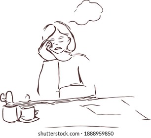 Tired girl fell asleep at the office table vector concept. Contour vector illustration drawn by hand