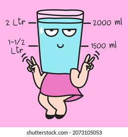 Tired Girl With Her Two Liter Glass Of Water Head Showing Victory Hand Sign. Drinking Enough Fluids To Maintain Good Levels Of Hydration Concept Card Character illustration