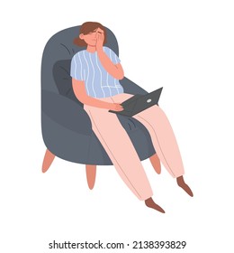 A tired girl at a laptop in a chair. Fatigue from work. An exhausted woman wants to rest. Overwork from freelancing. Vector flat illustration on an isolated white background.
