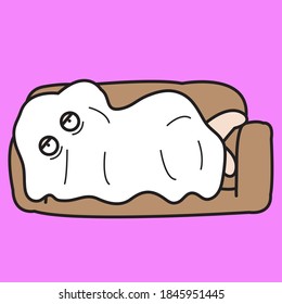 Tired Girl With Leg Sticking Out From Under White Sheet Lying In Sofa. Unintentional Halloween Costumes Concept Card Character illustration
