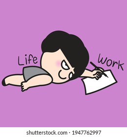 Tired Girl Lies On The Floor With Her Work Concept Card Character illustration