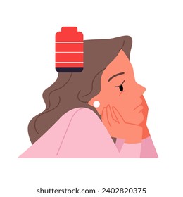 Tired girl with low battery near head vector illustration. Cartoon isolated sad lazy female worker character with fatigue and burnout, tiredness from work, frustrated sleepy adult person in depression