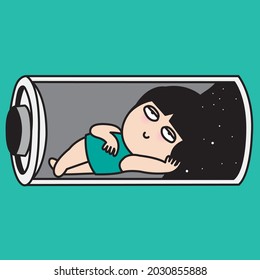 Tired Girl Lying In An Almost Empty Battery Concept Card Character illustration