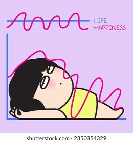 Tired Girl Lying With Her Fluctuating Highs And Lows Of Life And Happiness Graph Concept Card Character illustration