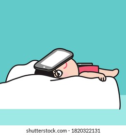 Tired Girl Lying On Bed With Tablet On Her Face And Smartphone On Her Chest Concept Card Character illustration