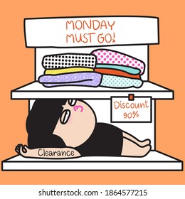 A Tired Girl Lying On A Clearance Sale Shelf With Word Monday Must Go On It In Woman Zone Department Store Concept Card Character illustration