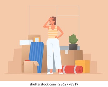 Tired girl is moving to a new house, things and boxes are collected. Difficulties of moving. Vector illustration in flat style