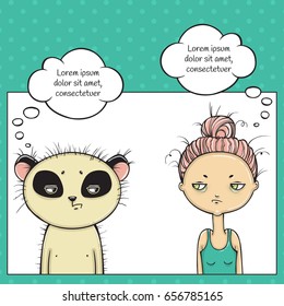 Tired girl and panda thinking about make-up. Pop art thinking bubble.