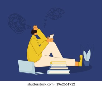 Tired girl. Psychological issues. Young woman with bad mood, headache, insomnia or stress sitting on the floor and have an online  therapy session with psychologist. Vector illustartion.