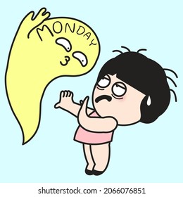 Tired Girl Saying No With Hand To Monday Ghost Concept Card Character illustration