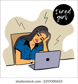 tired girl sits at table and falls asleep, working late at home on laptop, remote work. exhausted young woman napping in the workplace. Busy business woman, project loser, workaholic. 