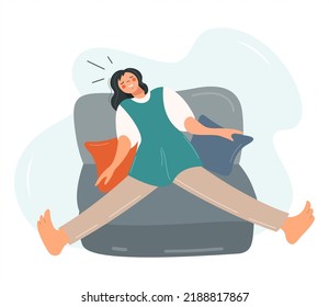 Tired girl sleeping on sofa Vector flat design with exhausted woman. The female character is resting after work, stretching her legs. Home routine, overstrain, overwork, stress.