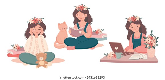 Tired girl student sitting with books, studing at laptop with coffee, teddy bear, red cat and alarm clock set isolated on white background. Cute flat style