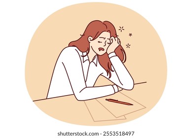 Tired girl student sleeps sitting at table with papers while filling out test or preparing for exams. Concept of burnout and overload during training before college or university entrance exams