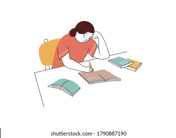 Tired Girl Study With Books. Hard Learning With A Lot Of Information, Preparation For Exams, Strain, Stress. Back To School Concept. Vector Illustration Colored With Lines.