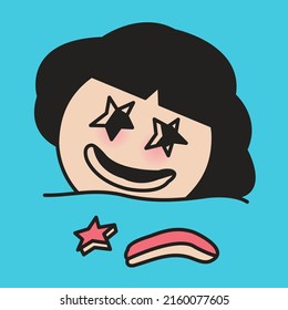 Tired Girl Took Off Her Mouth And Star Shaped Eyes While Resting In Bed Concept Card Character illustration