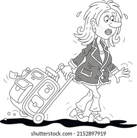 Tired girl tourist hurrying for a flight with her roll-aboard suitcase, vector cartoon illustration isolated on a white background