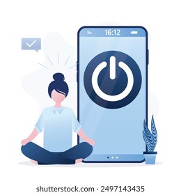 Müde Mädchen Benutzer Smartphone ausschalten. Aus-Taste auf dem Handy-Bildschirm. Digitales Entgiftungskonzept. Geschäftsfrau entspannend in Lotus Yoga Pose. Keine Verwendung intelligenter Geräte. Freiheit vom Internet, soziale Medien.