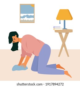 Tired girl washes the floors in the room, household chores. Cleaning of the apartment, putting things in order