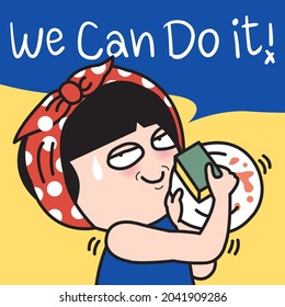 Tired Girl is Washing Dishes In We Can Do It Strong Woman Pose Concept Card Character illustration