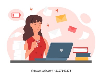 Tired girl at work. Woman sits at laptop, emotional outburst at workplace. Employee, manager or clerk, repetitive tasks and stress. Low energy level concept. Cartoon flat vector illustration