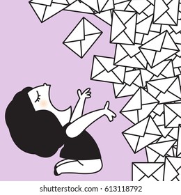 Tired Girl Worker Sitting Down On Knee And Shouting At Electronic Mail Overload Concept Card Character illustration