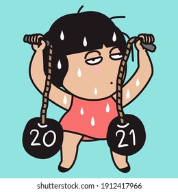 Tired Girl Working Out Power Rope Ball With Number Year 2021 On it Concept Card Character illustartion